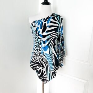 Vintage Cache Y2K One-Shoulder Animal Print Flowy Silk Top in Blue and Black -XS